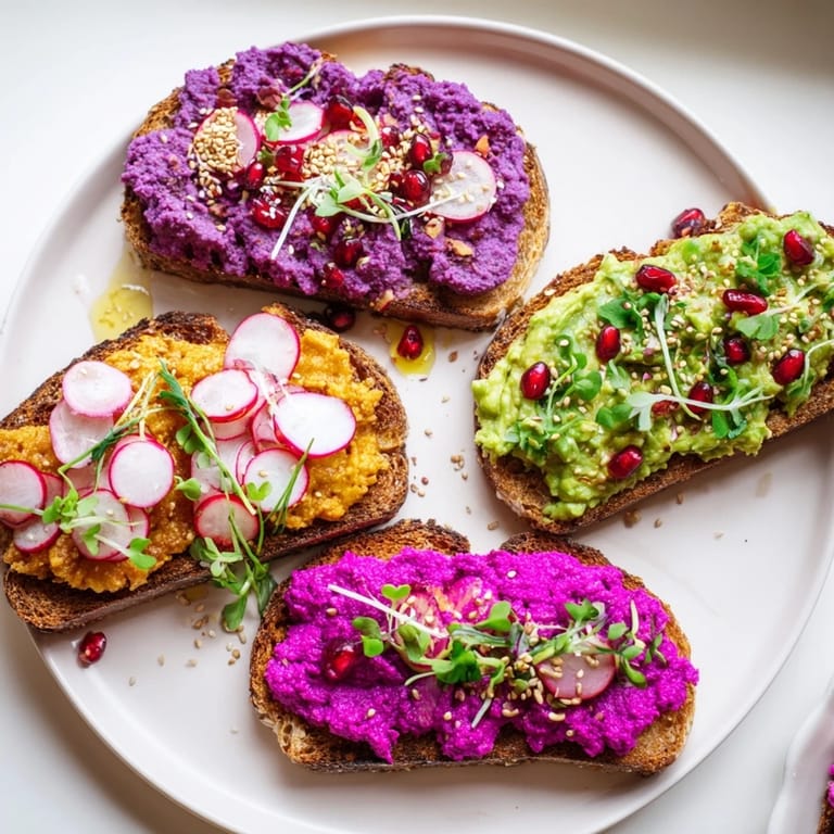 Bright & Bold Breakfast Toasts drizzled with olive oil, showcasing ube and avocado delights.