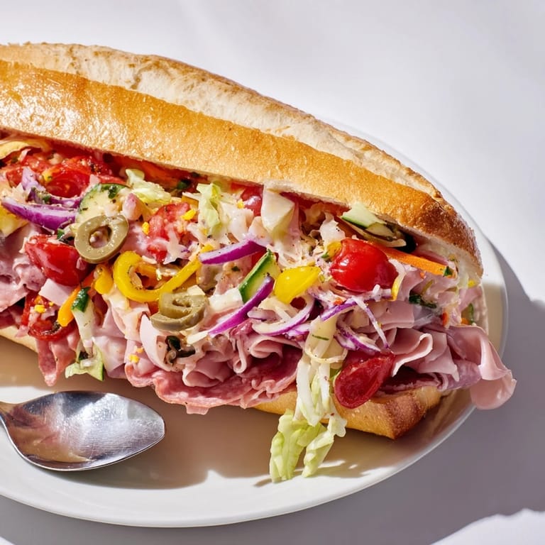 Eye-catching Flavor Mash-Up Sandwiches featuring layers of savory meats and tangy peppers.