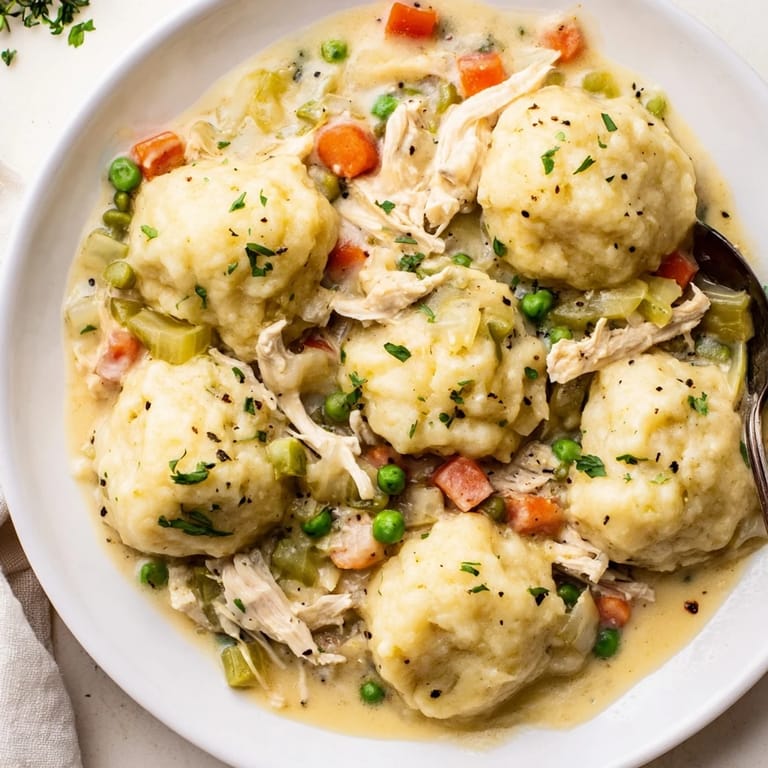 Hearty Chicken and Dumplings Casserole with tender chicken and vibrant vegetables baked until golden.  