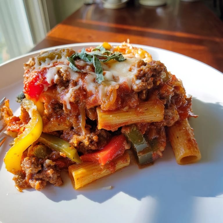 Delicious Baked Rigatoni with Sausage & Peppers served warm, garnished with fresh herbs.  