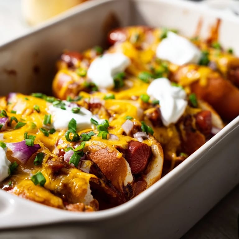 Warm, cheesy chili dog casserole served with fresh chives and dollops of sour cream.