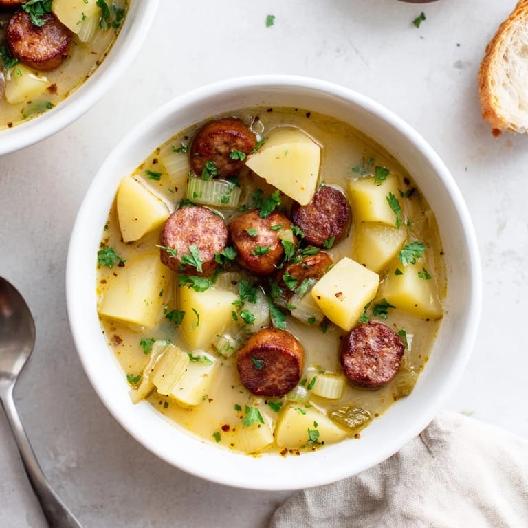 Creamy Potato, Leek & Chorizo Soup highlighting vibrant colors and hearty ingredients.