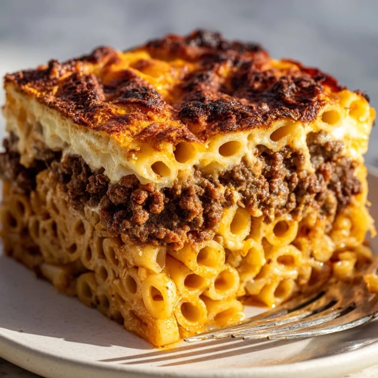 Golden baked Greek Pastitsio with rich meat sauce and decadent cheese topping.  