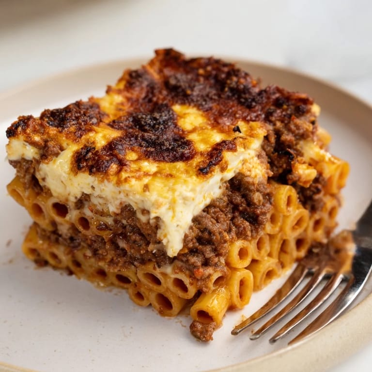 Delicious Greek Pastitsio, a hearty casserole served warm with salad and wine.