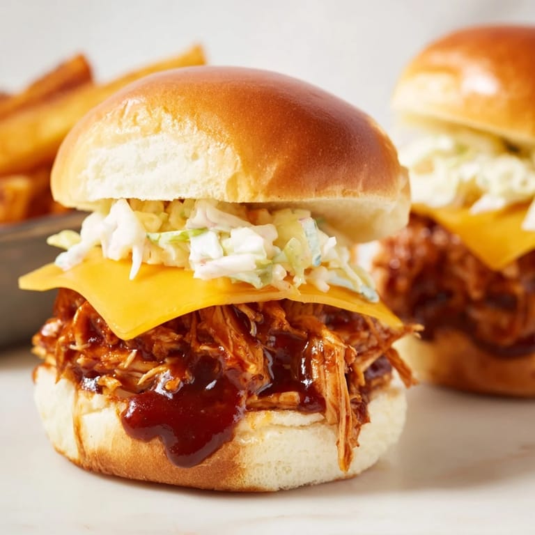 Close-up of juicy, shredded BBQ Chicken Sliders, served with perfectly seasoned, golden-brown fries for dinner.