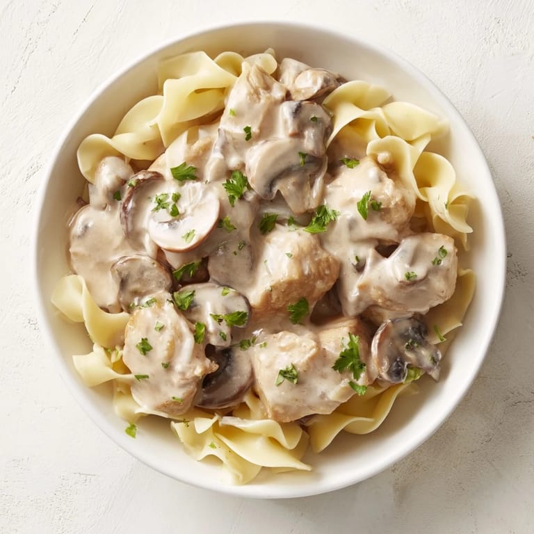 Savory Creamy Chicken Stroganoff with mushrooms and tender chicken, a classic made easy in one pan.