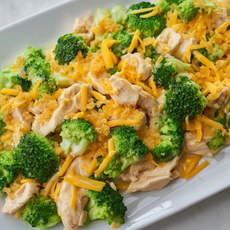 A creamy, cheesy Chicken & Broccoli Cheddar Bake, baked until crispy and golden brown, ready to serve.