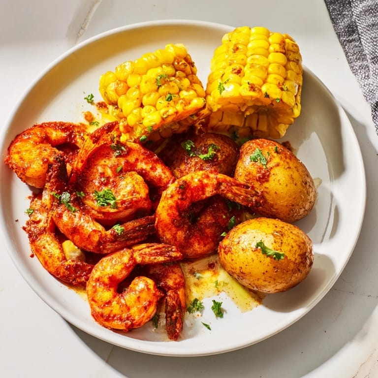 This sizzling Cajun Shrimp & Sweet Corn Platter highlights tender shrimp, sweet corn, and potatoes; a flavorful feast.