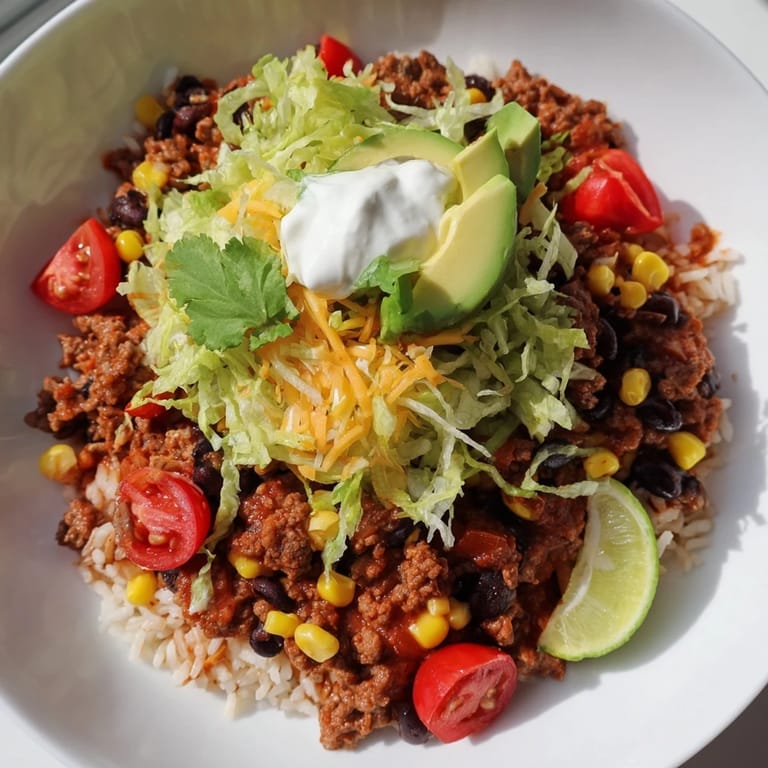 A close-up of a fully loaded Beef Burrito Bowl with vibrant layers and lots of cheese and sour cream.