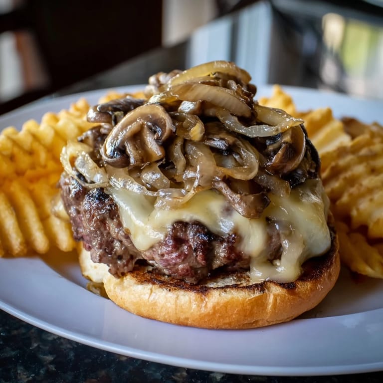 Golden waffle fries accompany a hearty Mushroom Swiss Burger, a classic American comfort food combination.