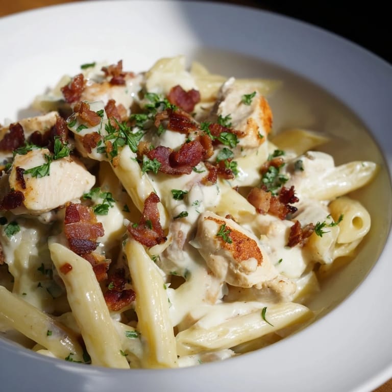 A delicious bowl of Ranch Chicken & Bacon Penne, highlighted with Parmesan cheese and fresh herbs.
