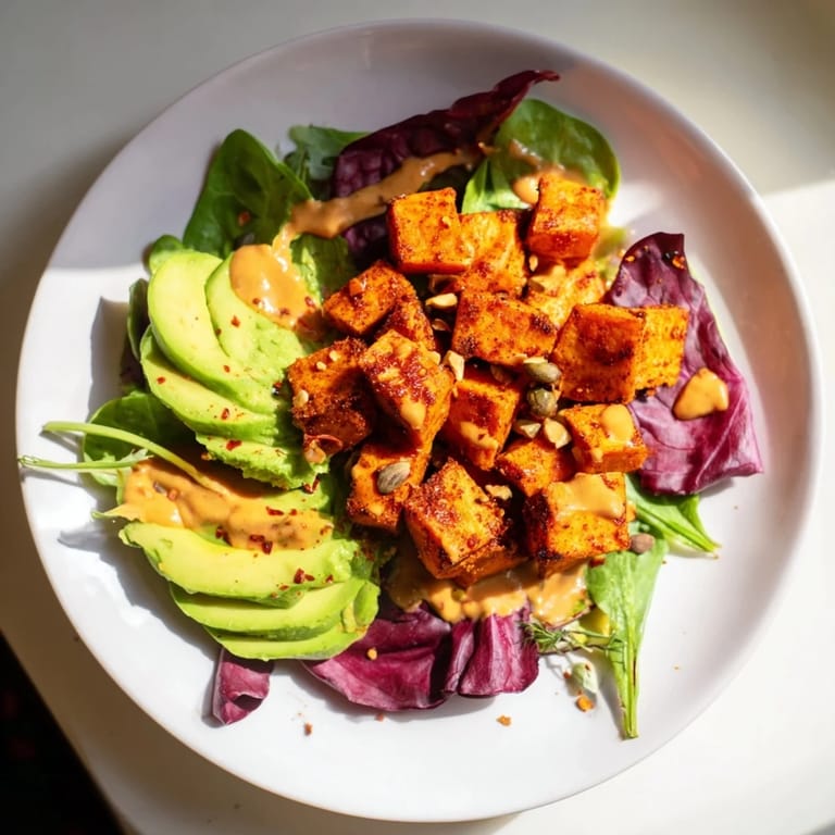 A refreshing Spiced Peanut Sweet Potato & Radicchio Salad Bowl highlights tender sweet potatoes and creamy avocado dressed with peanut sauce.