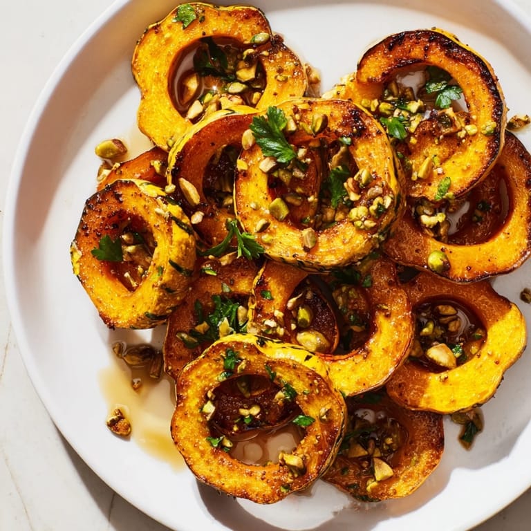 A photo of beautifully roasted delicata squash rings, ready to be enjoyed as a side dish.