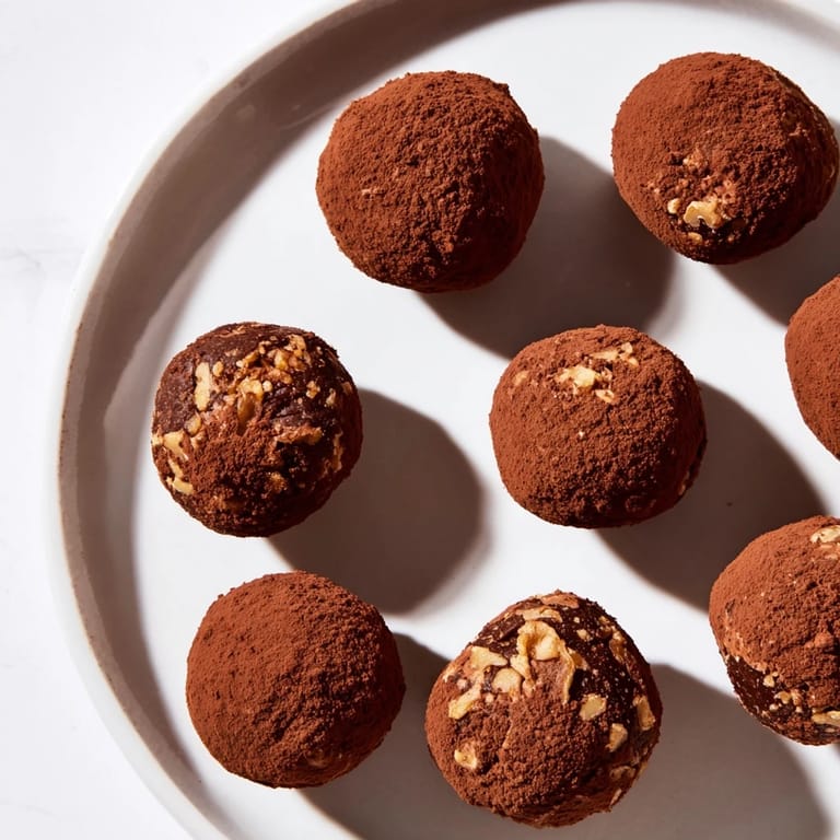 A close-up of delicious Date & Walnut Truffles, showcasing a delightful dusting of cocoa powder.
