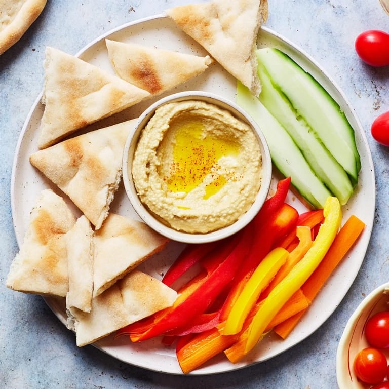 A close-up shot of the fresh ingredients for DIY Hummus served with soft pita and colorful veggies.