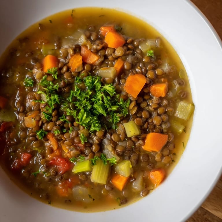 A vibrant close-up of hearty Lentil Soup, full of tender vegetables, offers a warming meal.