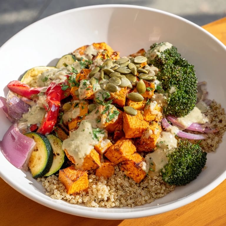 This vibrant image shows a delicious quinoa bowl with roasted veggies and a creamy tahini dressing.