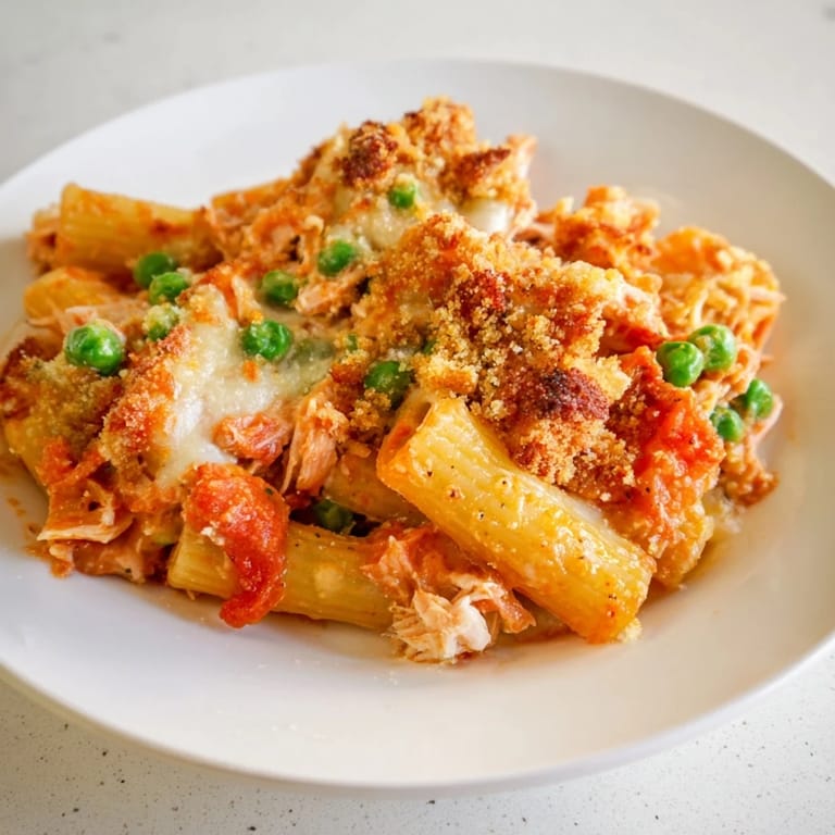 A close-up of a creamy, cheesy tuna pasta bake with breadcrumb topping and herbs.