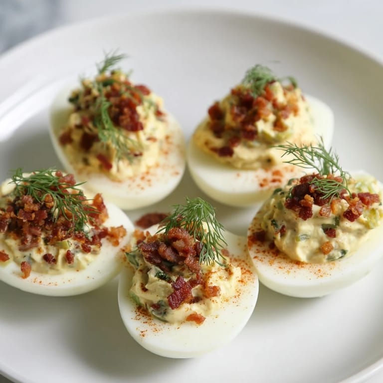 Picture perfect loaded deviled eggs recipe, showcasing bacon crumbles and a dusting of smoked paprika.