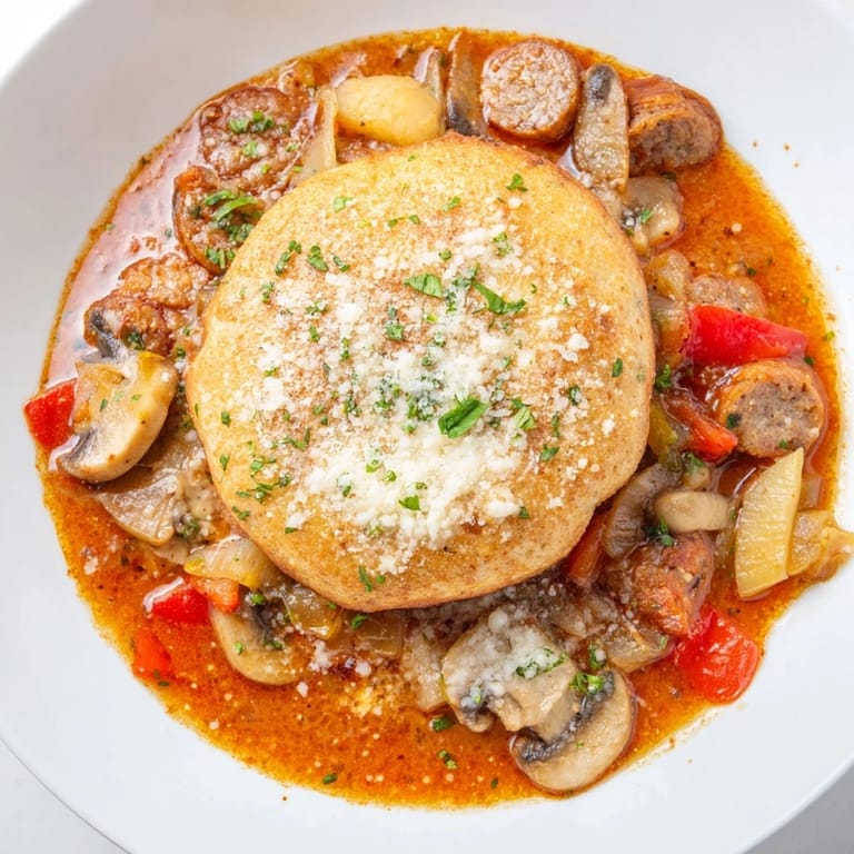 Close up revealing the cheesy, flavorful Pizza Pot Pie Soup mashup, perfect for a cozy dinner.