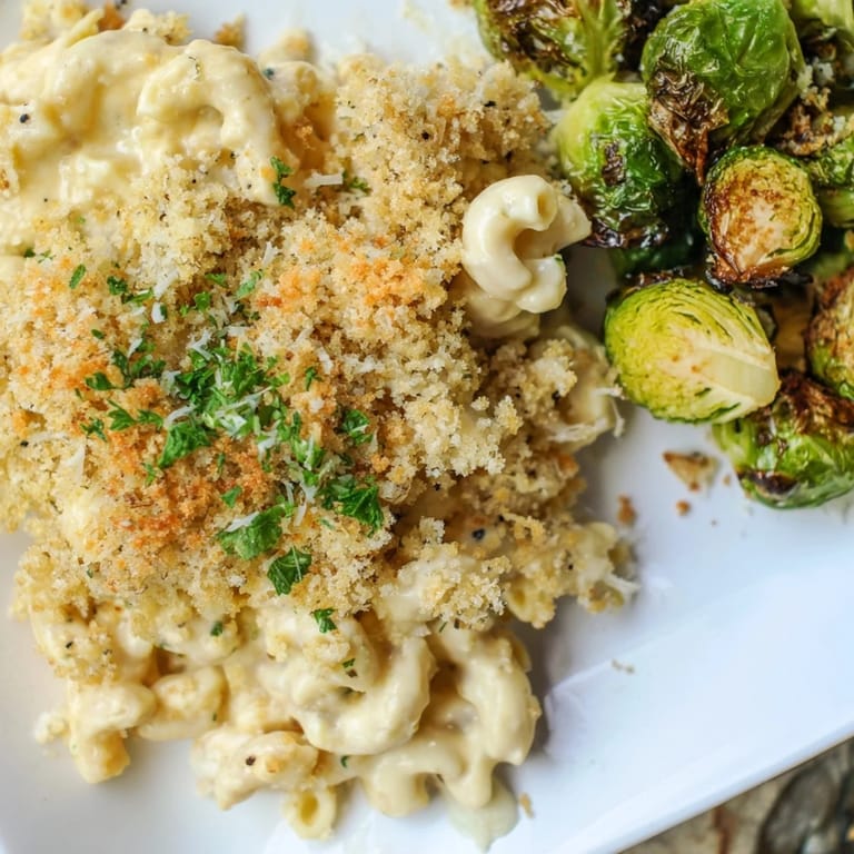 A delicious Sheet Pan Mac and Cheese with Brussels Sprouts, topped with crunchy breadcrumbs, a family favorite.