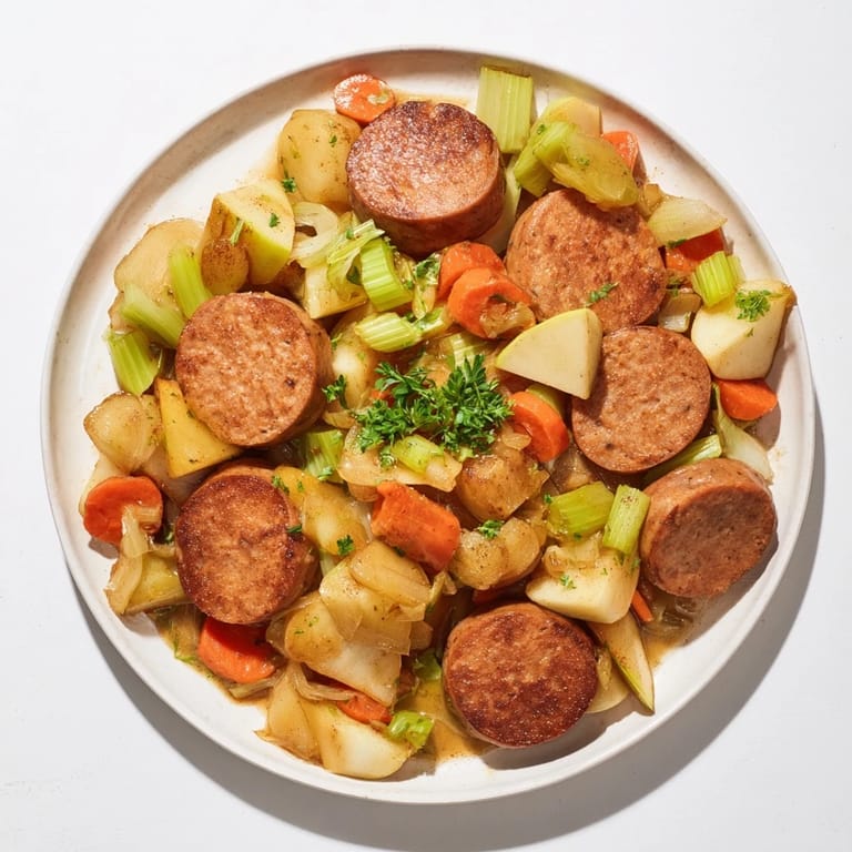 A comforting bowl of freshly made Stovetop Sausage, Celery, and Apple Hotpot ready to warm you up.