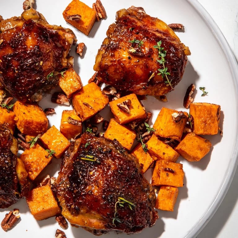 Tender, juicy maple glazed chicken thighs roasted with sweet potatoes, glistening and perfect for dinner.