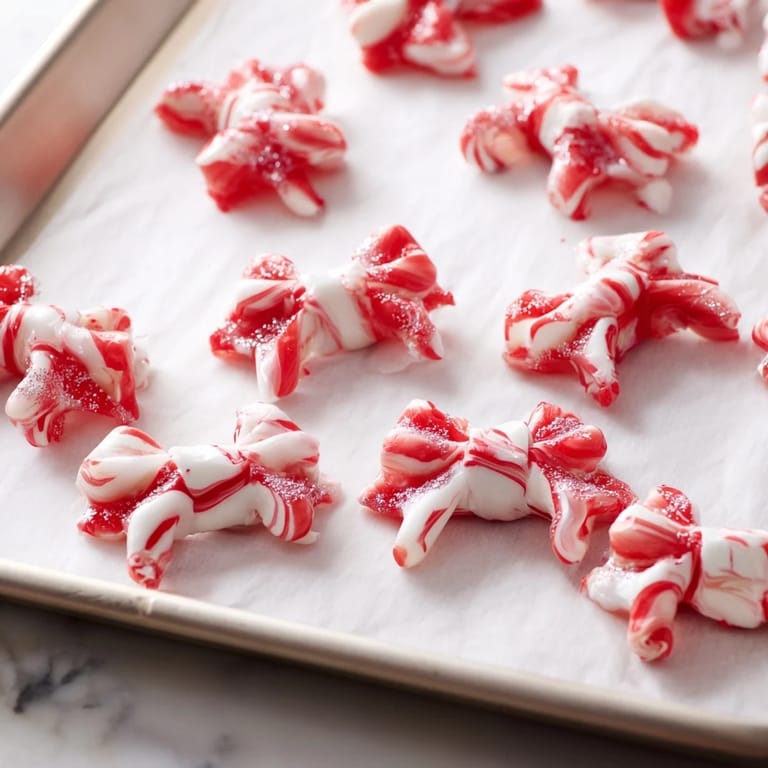 Warm, melted Express Peppermint Candy Bows shaped into festive, edible holiday decorations on a tray.