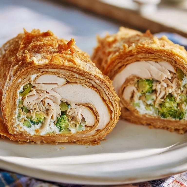Close-up of a warm, perfectly browned Creamy Chicken and Broccoli Puff Pastry Roll, showing the delicious filling.