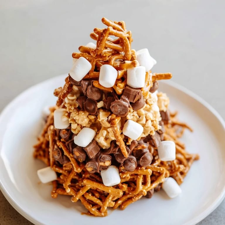 Delicious Haystack Candy Towers, a delightful dessert with crispy noodles and creamy peanut butter.