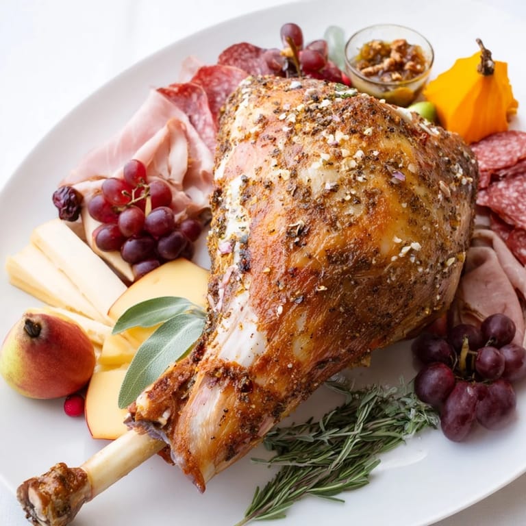 Close-up of a stunning Thanksgiving Turkey Legs charcuterie platter, inviting guests to enjoy the holiday feast.