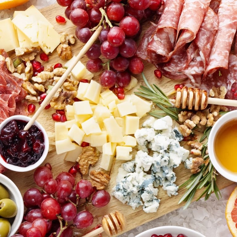 This beautiful Christmas 2025 festive grazing board features colorful grapes, cheeses, and cured meats for a party.