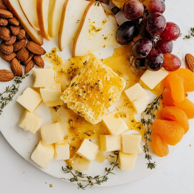 Beautifully arranged Busy Bee Honeycomb Snack Plate with honey-drizzled cheese alongside fresh fruit.