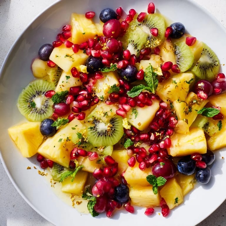 A delicious Three Kings Royal Fruit Platter overflowing with juicy mangoes, grapes, and pomegranate seeds.