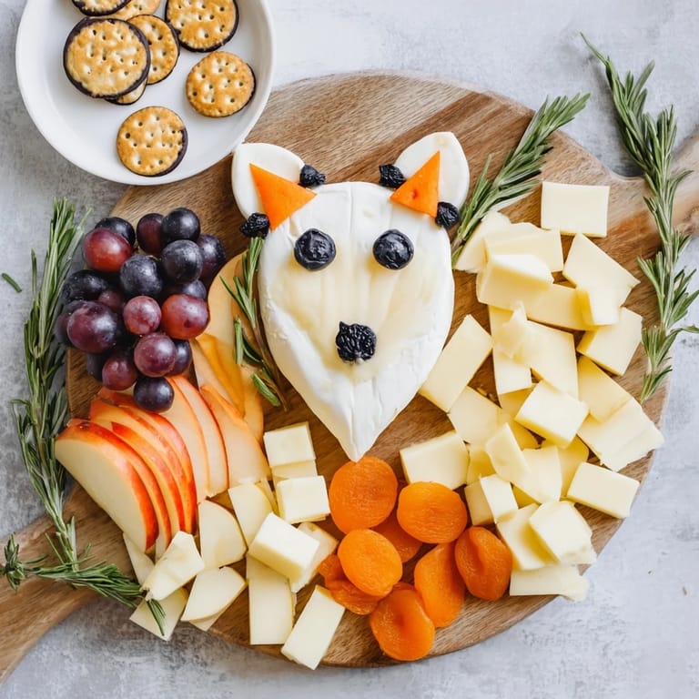 This festive Whimsical Fox Fall Treat Board features an artful cheese fox surrounded by autumnal snacks.