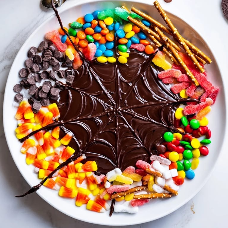 Enjoyable, colorful Spiderweb Candy Platter featuring a decadent dark chocolate spiderweb for fun Halloween treats.
