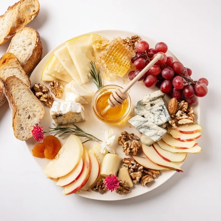 Elegant Honeycomb, Honey & Cheese Board featuring a selection of cheeses, honeycomb and floral honey.