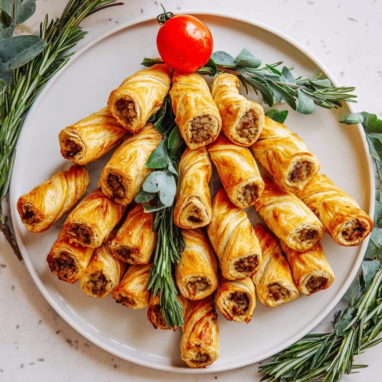 A close-up showcases the egg-glazed Savory Bites: Mini Sausage Roll Christmas Tree, sprinkled with sesame seeds.