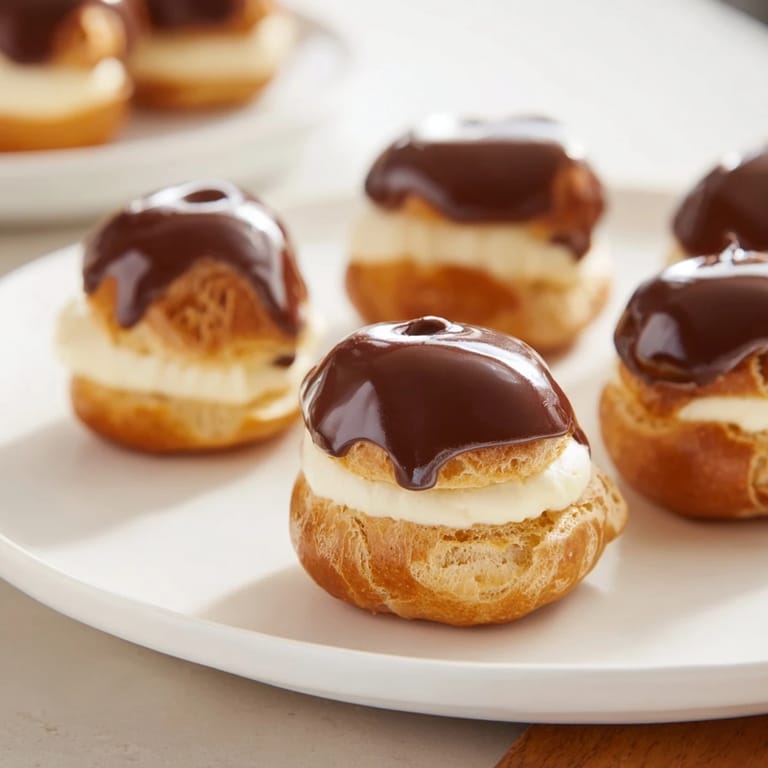 Briefer image: Rows of homemade mini chocolate éclairs, showcasing a delicious French dessert.