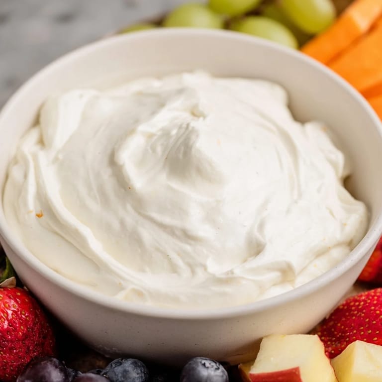 Fluffy cream cheese fruit dip: a sweet, tangy dip ready to be paired with juicy berries.