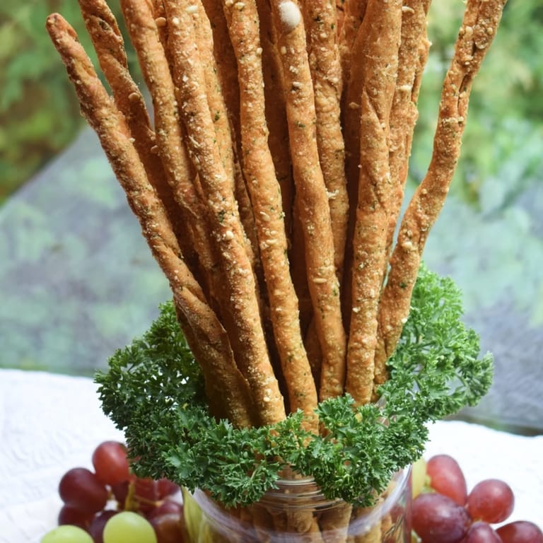 Get ready for The Vertical Forest! This display features breadsticks, vibrant parsley, and fresh grapes.