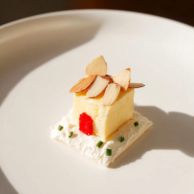 Festive appetizer: freshly-built Alpine Village cheese houses on crackers, perfect for party snacks and celebrations.