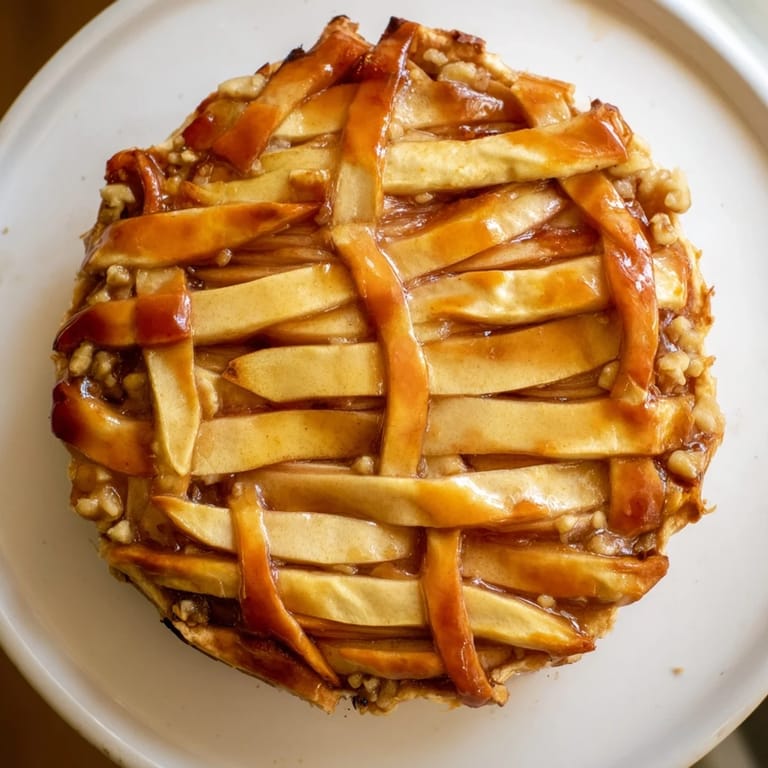 Crisp, golden brown lattice top of The Lattice Orchard over a sweet honey-nut filling, ready to serve this dessert.