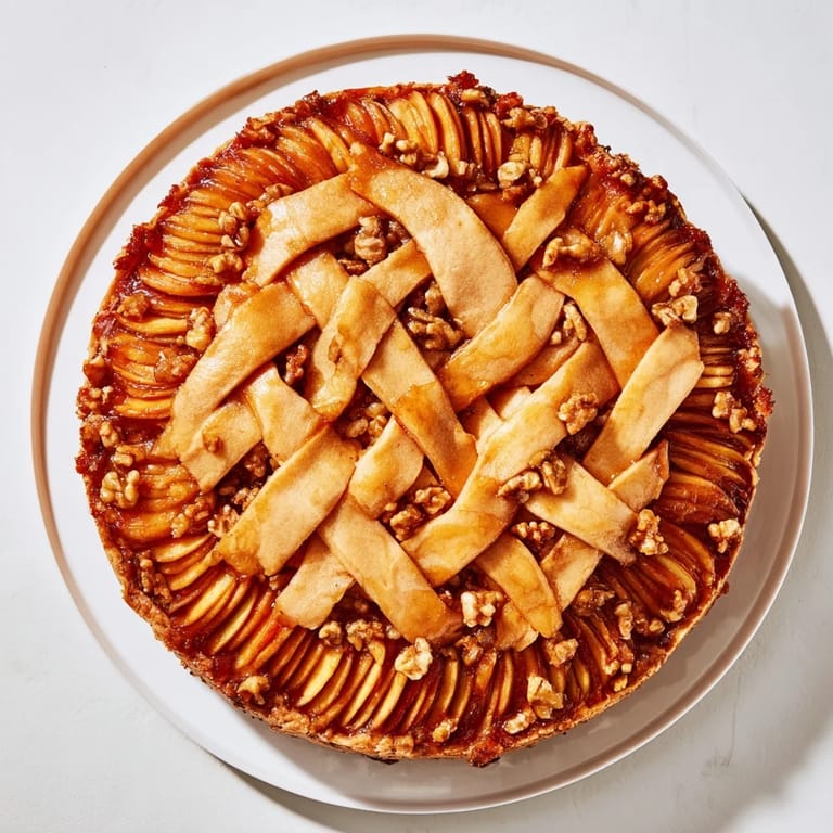 A warm slice of The Lattice Orchard displays delicate apple slices with a beautiful golden crust, perfect for fall.