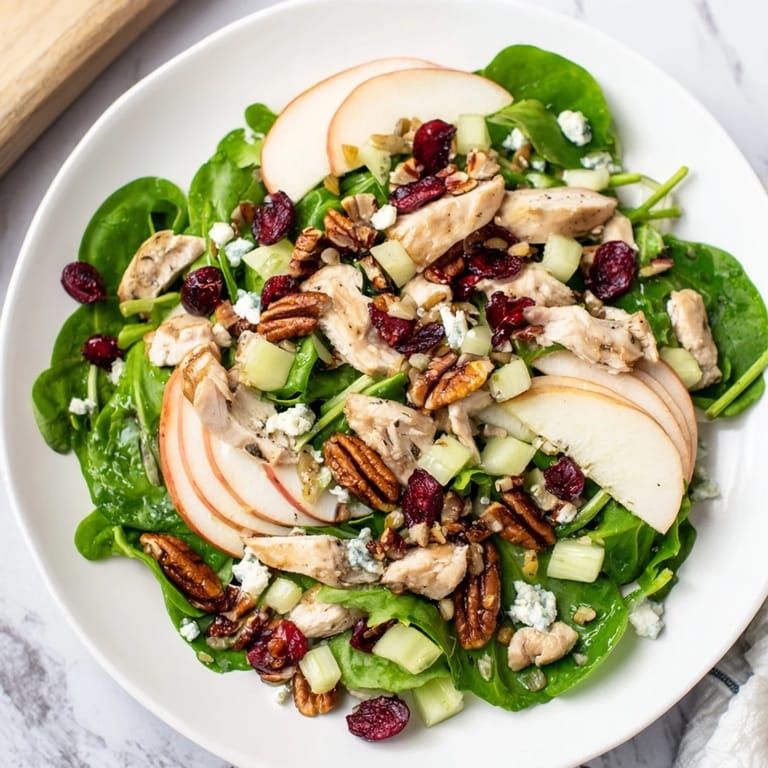 Delicious Chicken and Apple Winter Salad, ready to eat, featuring crisp greens and a sweet apple cider dressing.