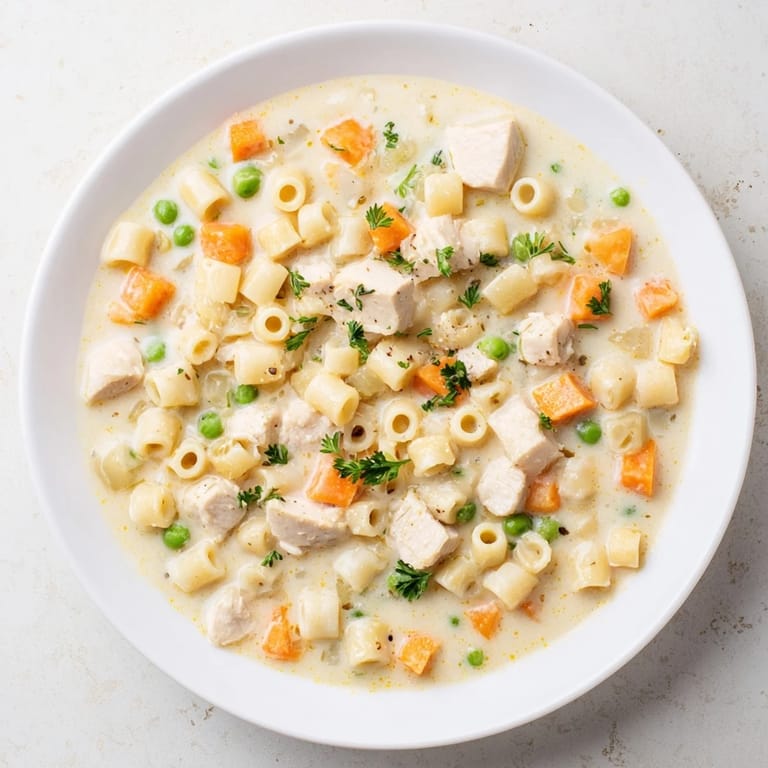 Ditalini pasta and chicken simmer in rich broth to create this hearty Chicken Pot Pie Pasta Soup.
