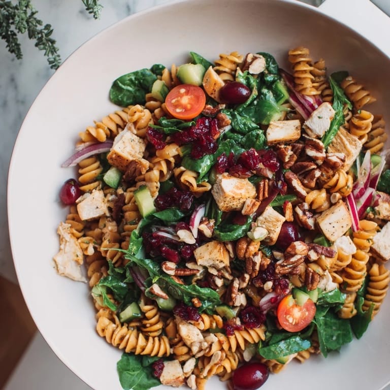 Refreshing Pasta Salad with Cranberry Vinaigrette, featuring juicy chicken and vibrant vegetables, ready to eat.