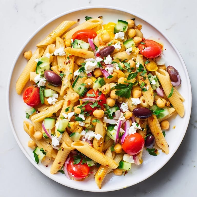 A refreshing bowl of Mediterranean pasta salad with chickpeas, tossed in a zesty olive oil dressing.