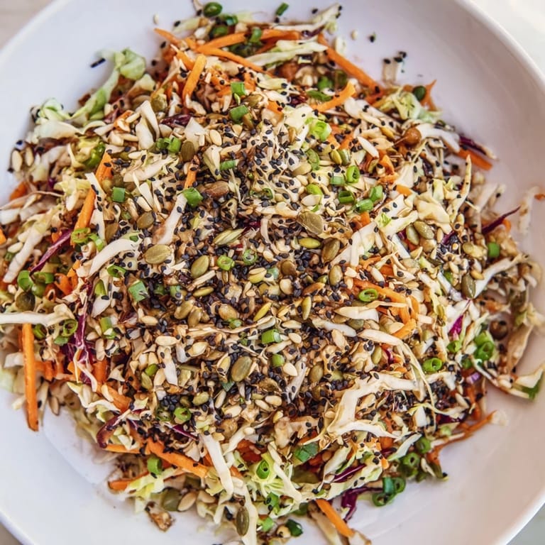 Close-up of the delicious Cabbage-Core Slaw Salad, showcasing the fresh ingredients and nutty sesame dressing.