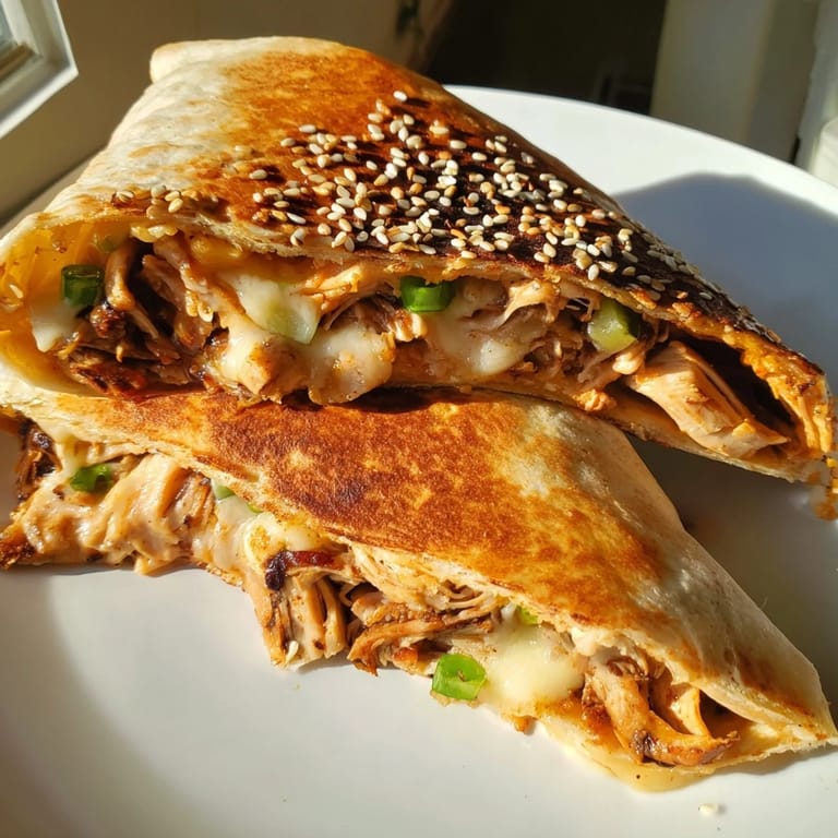 Enjoy the delicious Korean BBQ Chicken Wrap Grilled Cheese: a fusion of grilled goodness, ready to eat.